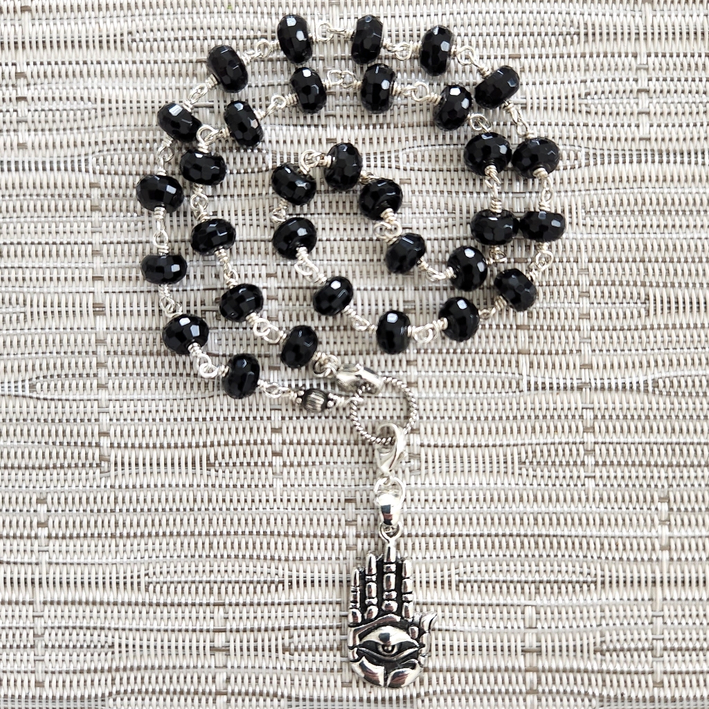 Blk Onyx Gemstone Necklace With Sterling Silver Hamsa Hand Pendant 178$